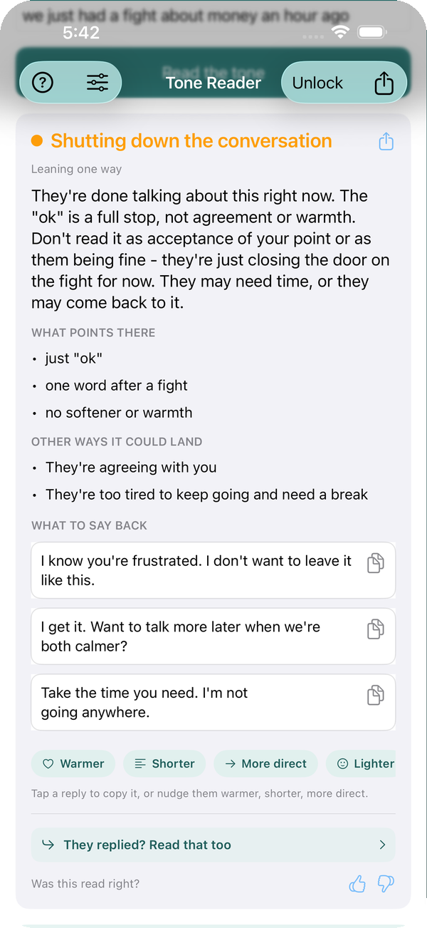 A tone read with three replies and nudge chips